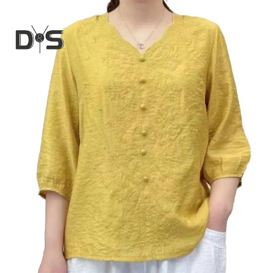 

Женская рубашка с V-образным вырезом и коротким рукавом, вышитый цветочный узор, свободный крой, однотонная повседневная блузка, повседневная одежда XL жёлтый