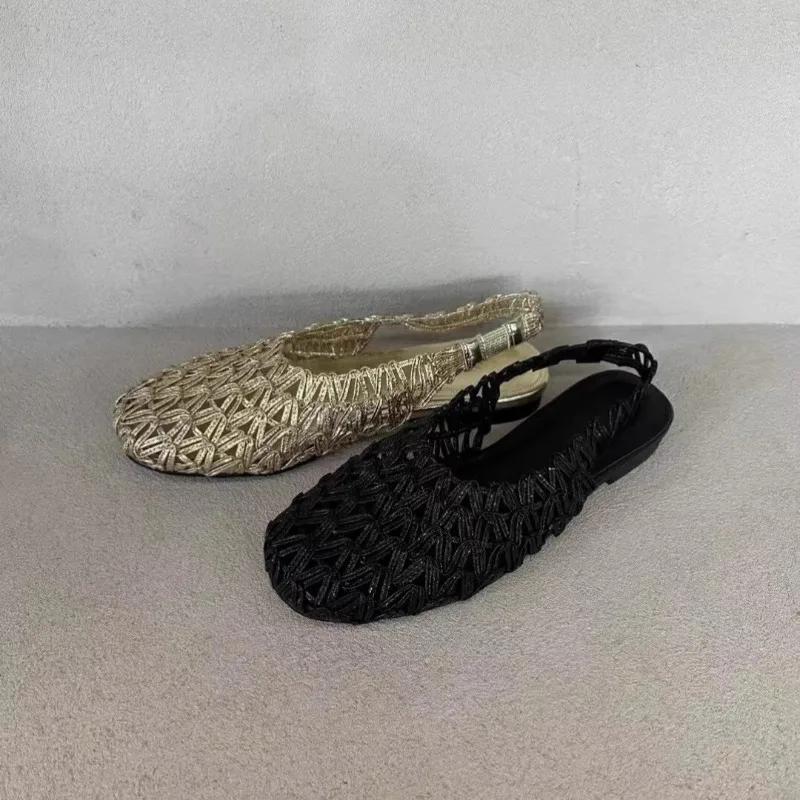 New Women's French Woven Hollow Fishnet Loafers Mary Jane Summer Luxury Designer Athletic Low Heel Round Toe Flats Sandals Shoes