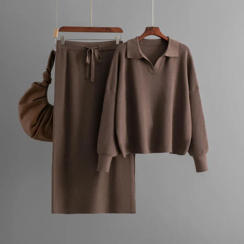 

Новый модный комплект юбок 2024 года, юбка-трапеция, свитер, свободные комплекты из двух частей, вязаный воротник-поло, осень-зима, свободный женский ленивый свитер One Size темно-коричневого