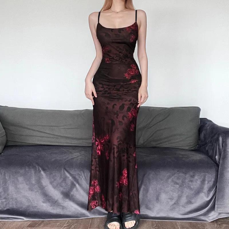 Women s Rose Print Mesh Spaghetti Strap Mermaid Maxi Dress S кофейный