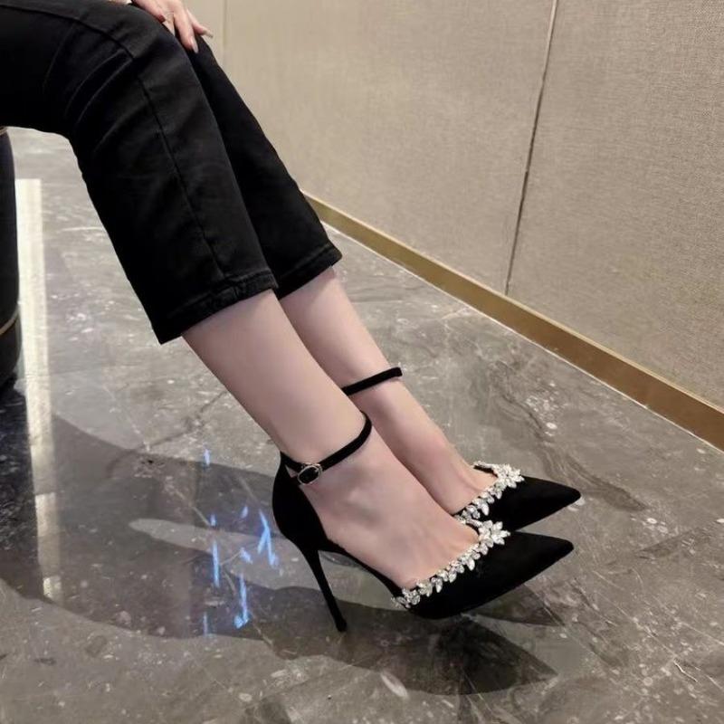 New Single Shoes Spring New Pointed Head Shallow Mouth Suede Sequin Metal Buckle A Line with Non-slip High Heels