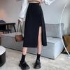 2024 High Waist Black A-line Midi Skirt with Slit