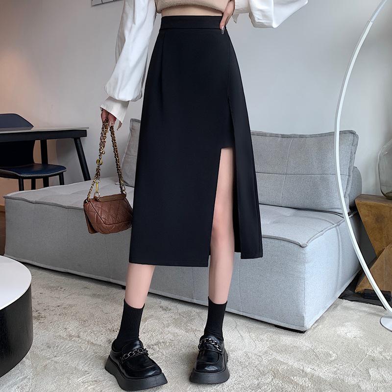 2024 High Waist Black A-line Midi Skirt with Slit