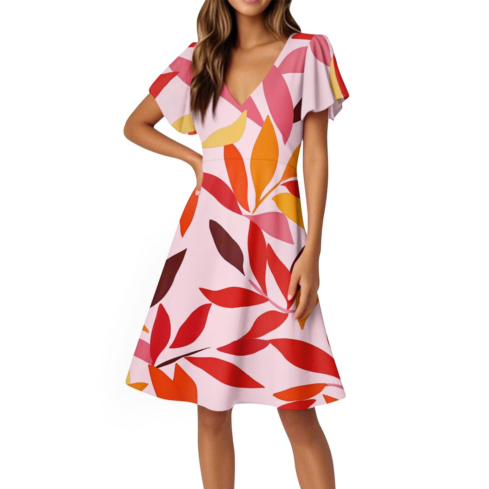 

Женское платье с расклешенным рукавом, коротким рукавом, повседневное платье с цветочным принтом и V-образным вырезом XL киноварь