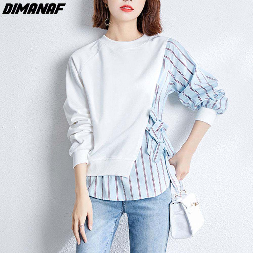 

DIMANAF 2022, женская футболка, повседневные топы, свитшоты с длинными рукавами, весенние синие полосатые рубашки, свободные