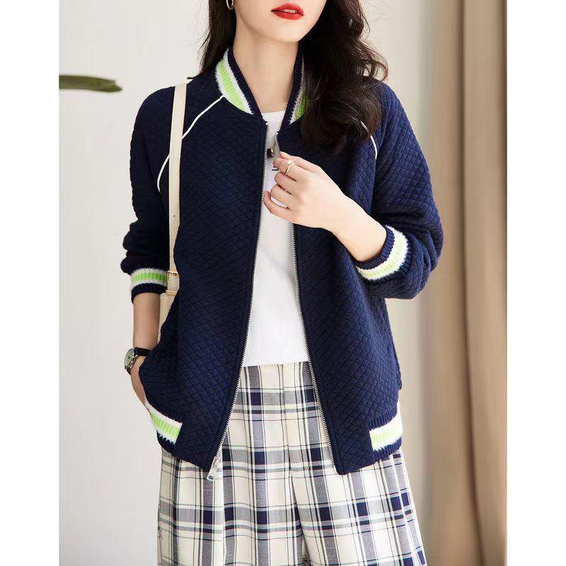 Women's Spring & Autumn 2023 Waffle Knit Baseball Jacket - Velvet, Casual Sportswear Top