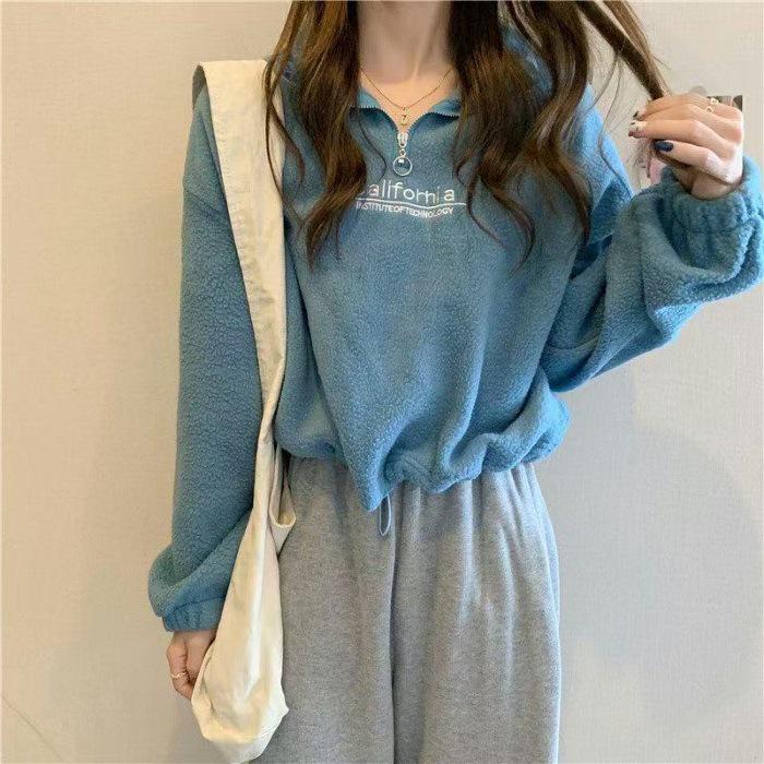 

Salt-Style College Loose Fit Petite Lamb Wool Sweatshirt for Women - Warm Half-High Collar Autumn/Winter Top 2XL синий