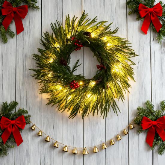 Yousheng Pre-lit Artificial Christmas Garland with LED Lights Real Touch Winter Greenery Pine Garland with Red Berries for Table Mantle Fireplace
