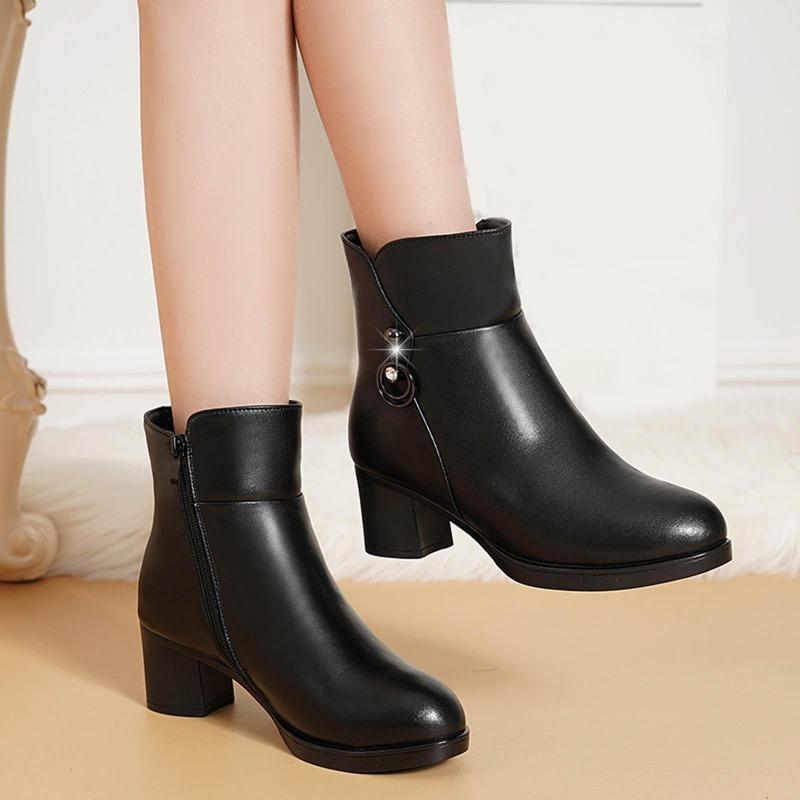Fashion Autumn and Winter Women Ankle Boots Chunky Heel Middle Heel Solid Color Black Side Zipper Leather Boots for Women Lace