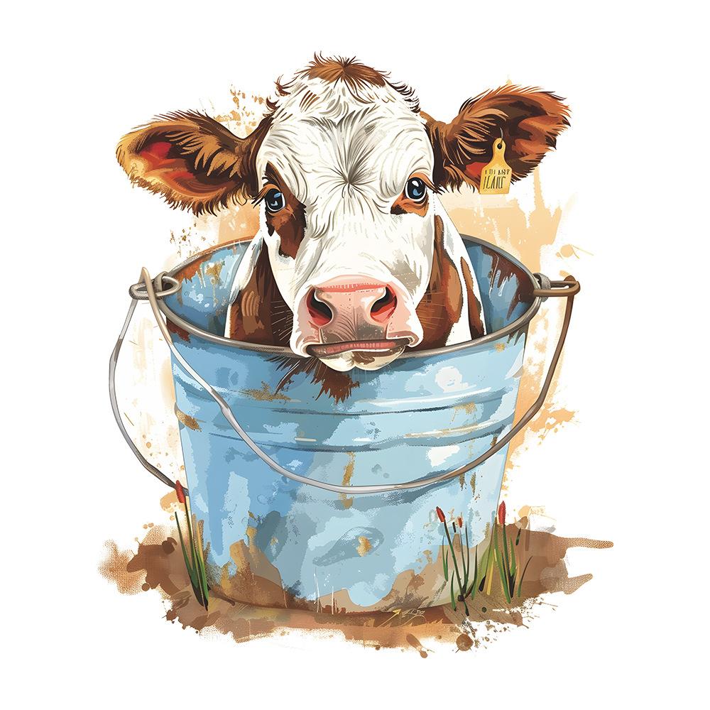 Whimsical Cow with Metal Bucket Toilet and Wall Sticker Set Waterproof Self-Adhesive Removable Decal for Bathroom WC Decoration