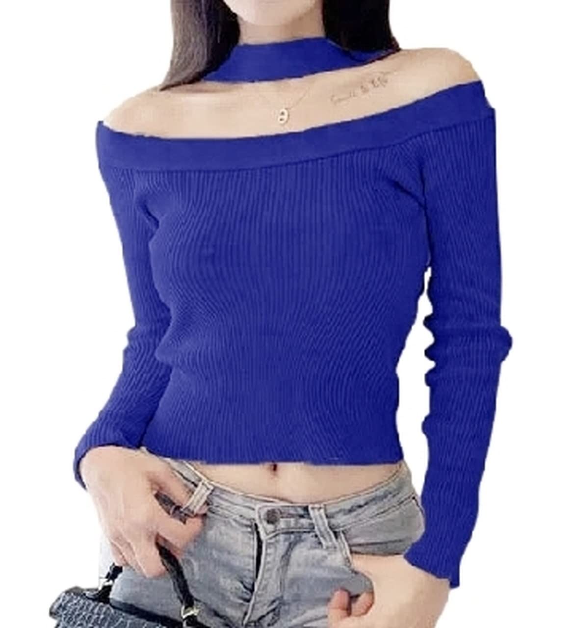

Plus Image Long Sleeve Strap Shoulder Knit Size F Women s Top, Blue, синий