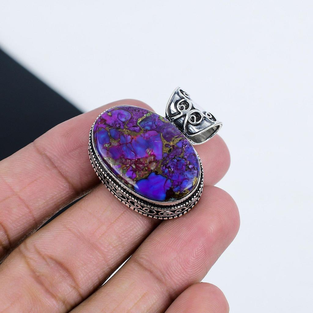 Purple Copper Turquoise Gemstone Silver Pendant in 925 Sterling Silver - Handmade Oval Design, Everyday Wear Jewelry Gift For Wife