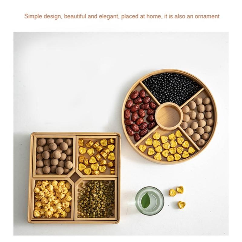 Bamboo Divided Serving Tray with Clear Acrylic Lid Dried Fruit Storage Box 4 Grid Nuts Platter Snack Candy Plate Container