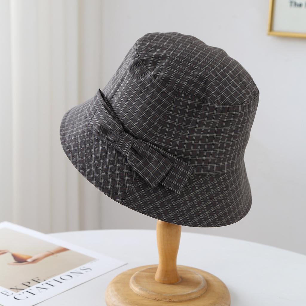 Women's Bow Plaid Bucket Hat Visor Ladies Hat Outdoor Travel Thin Cap