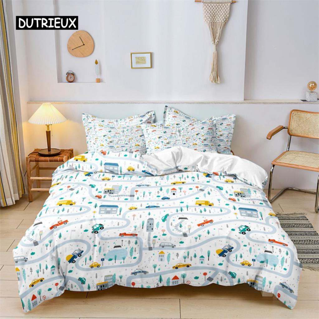 Boys Cartoon Car Duvet Cover Bedding Set Construction Vehicles Comforter Cover Kid Cartoon Machinery Truck Soft Polyester Decor