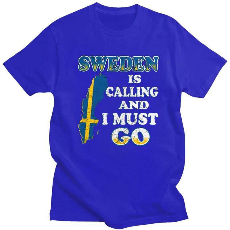 Mens Sweden Is Calling T Shirt Short Sleeve Cotton Tshirts Valentines Day Gift Casual Sweden Flag Tee Loose Fit Clothing