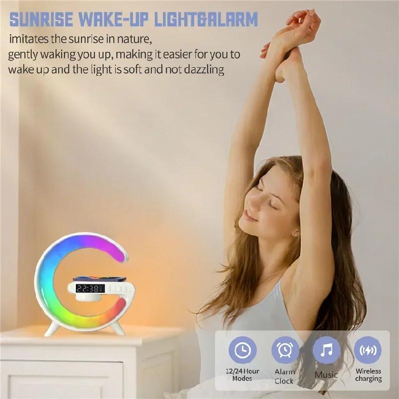 Multifunktionell RGB-lampa Bluetooth-högtalare Väckarklocka 15W Trådlös laddningsställplatta För iPhone Samsung Snabbladdningsstation