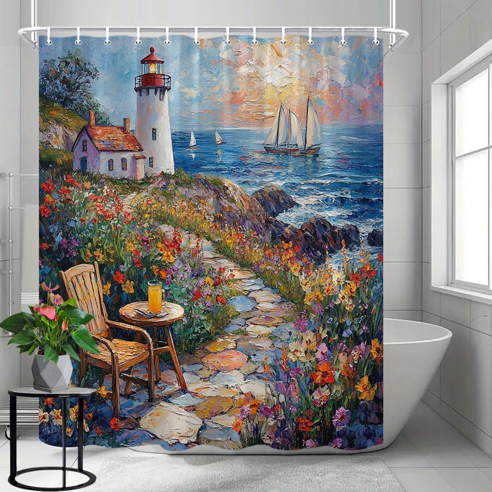 Coastal Lighthouse Shower Curtain, Beach Theme Shower Curtain with Blue Wooden Boats and Seagulls, Bathroom Decor with Hooks