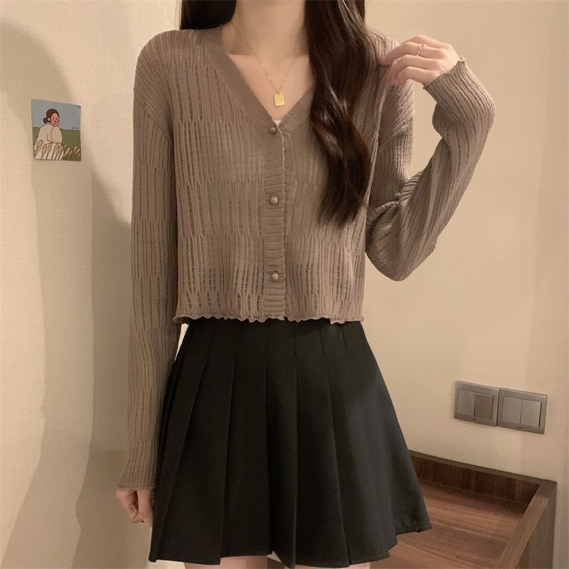 Mushroom Edge V-neck Long Sleeved Sun Protection Cardigan Women's Summer Short Top Thin Outer Layer Jacket