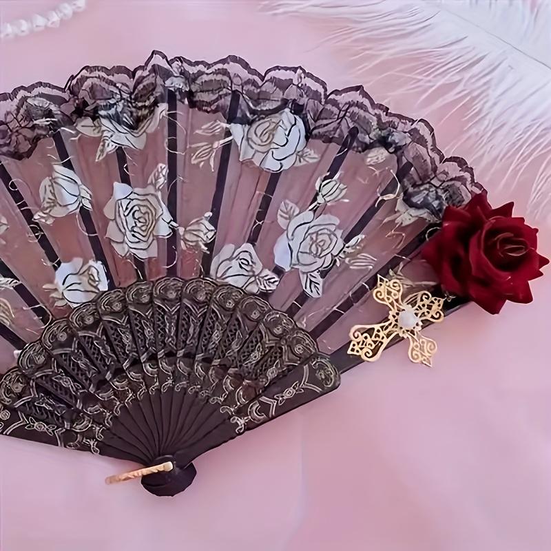 Vintage španělský skládací vějíř s růžovou krajkou - Elegantní černý kapesní vějíř, Ideální na večírky a svatby, Perfektní pro dekoraci pokoje