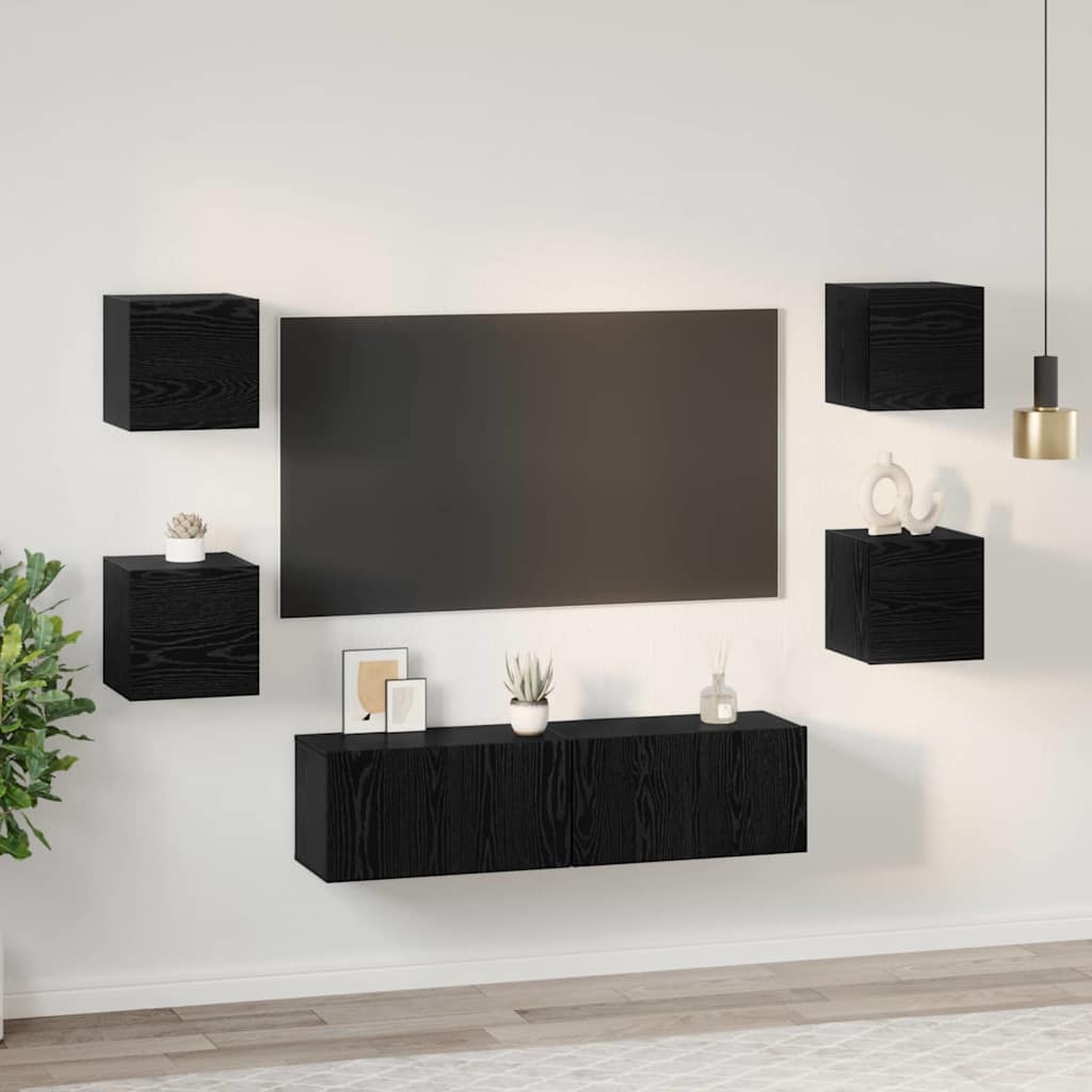 6 Piece TV Cabinet Set Black Oak Effect Wood Based Material