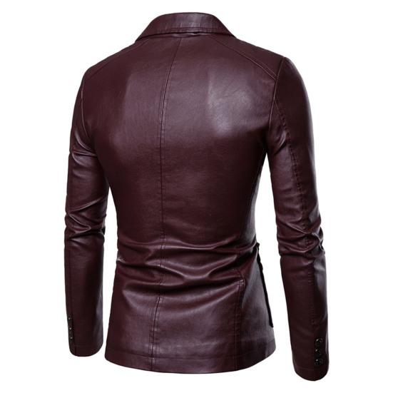 Men Solid Color Faux Leather Suit Coat Lapel Long Sleeve Pockets Single-breasted
