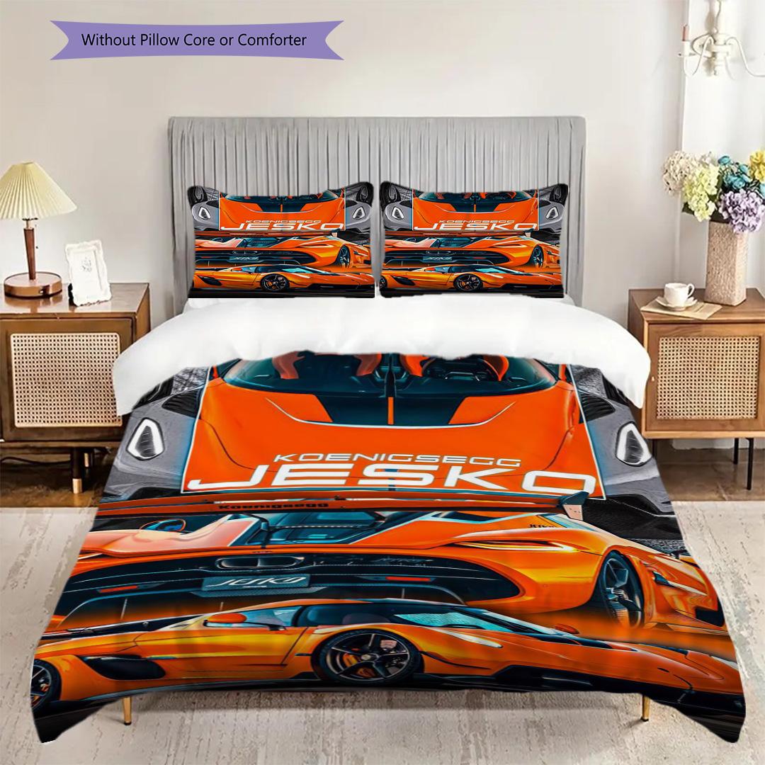 Koenigsegg Jesko Elegance Dreiteiliges Set (1 Bettbezug + 2 Kissenbezüge, ohne Füllung) 2D flache Bettdecke und Kissenbezug Weich und bequem 135x200cm