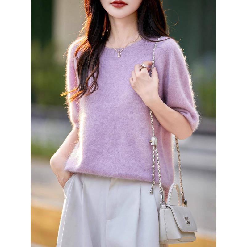 Seamless Round Neck Fleece Wool Half-Sleeve Women's Knit Top Sweater for Autumn/Winter