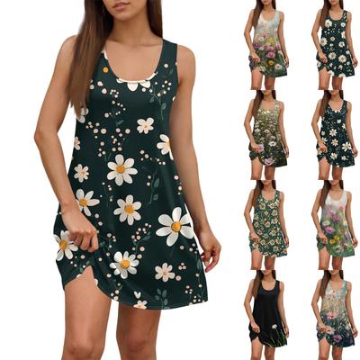 Women's Summer Casual Square Neck Floral Print Dress Sleeveless Dress With Pockets