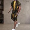 Men s Plus Size Green Black Printed Round Neck Short Sleeve Top And Drawstring Shorts Set