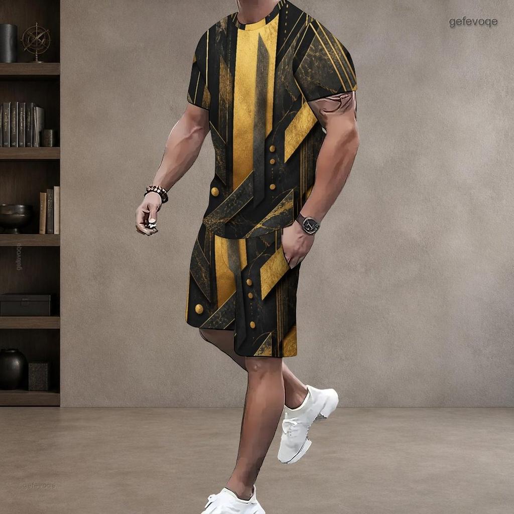 Men s Plus Size Green Black Printed Round Neck Short Sleeve Top And Drawstring Shorts Set