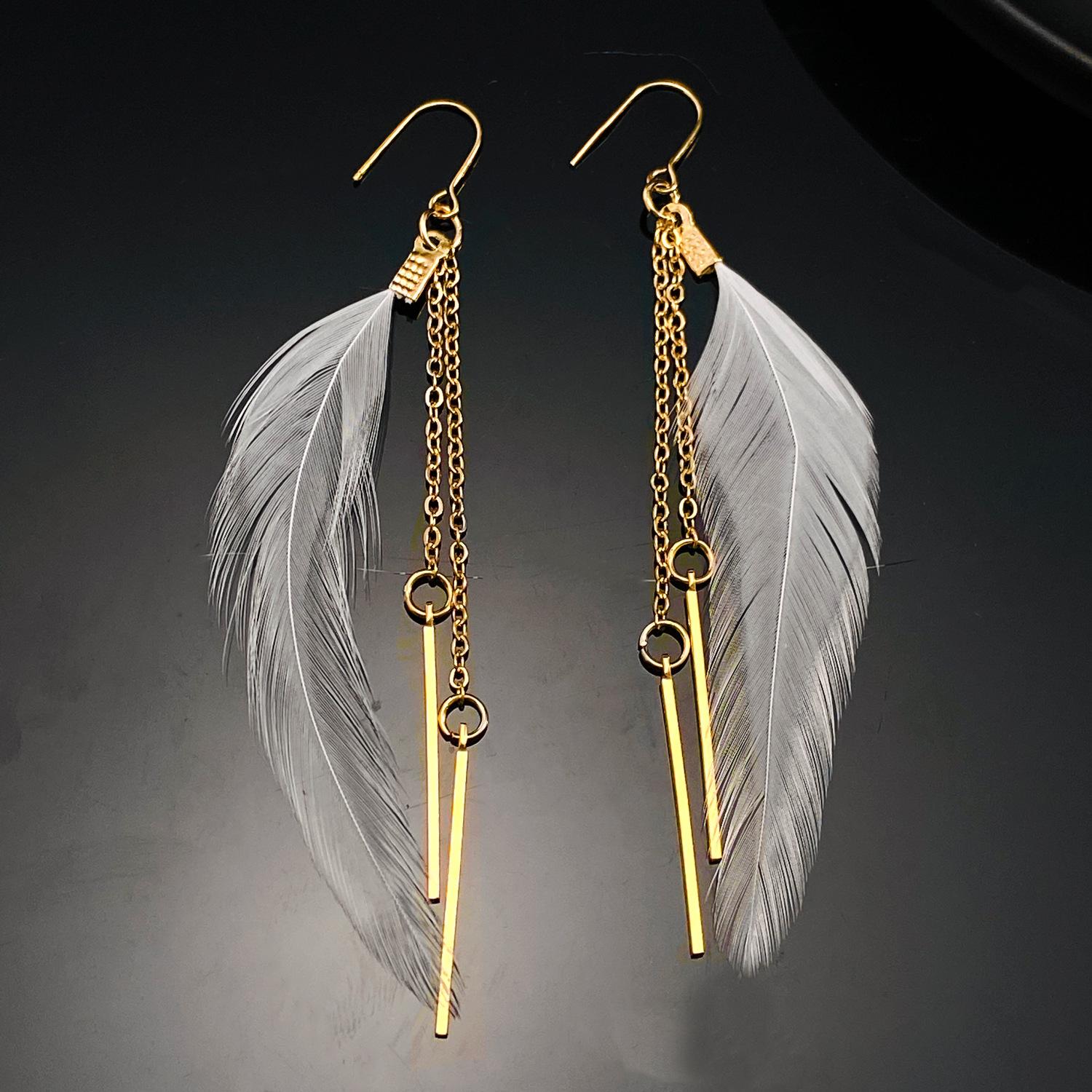 

Длинные серьги-подвески с дизайном кисточек из перьев, для женщин, богемный простой стиль, модные, с цирконом, женские, для отпуска, украшение для ушей