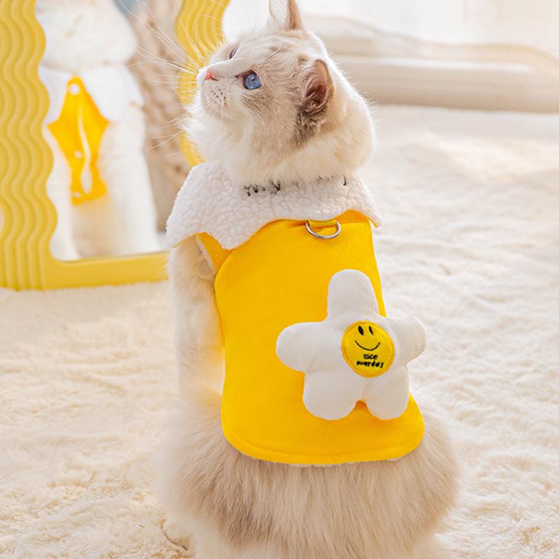 

Cats In Autumn and Winter Clothes Warm Corduroy Three-dimensional Smiling Face Flowers Traction Vest Sunflower Dog Pet Cotton Clothes M (