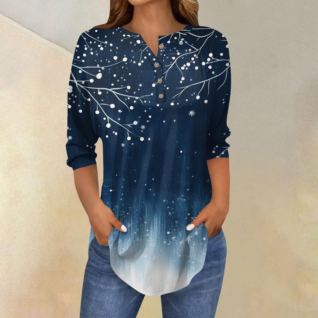 Women's Fashion Loose Button Collar Print 3/43/4  Sleeve T-Shirt Tops Pullover