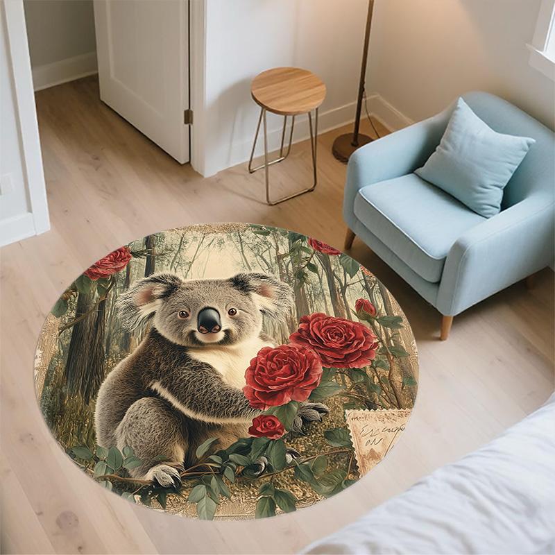 Vintage Rose Animals,Round Area Rug,Carpet Rug for Living Room Bedroom Sofa Playroom Decor,Non-slip Floor Mat