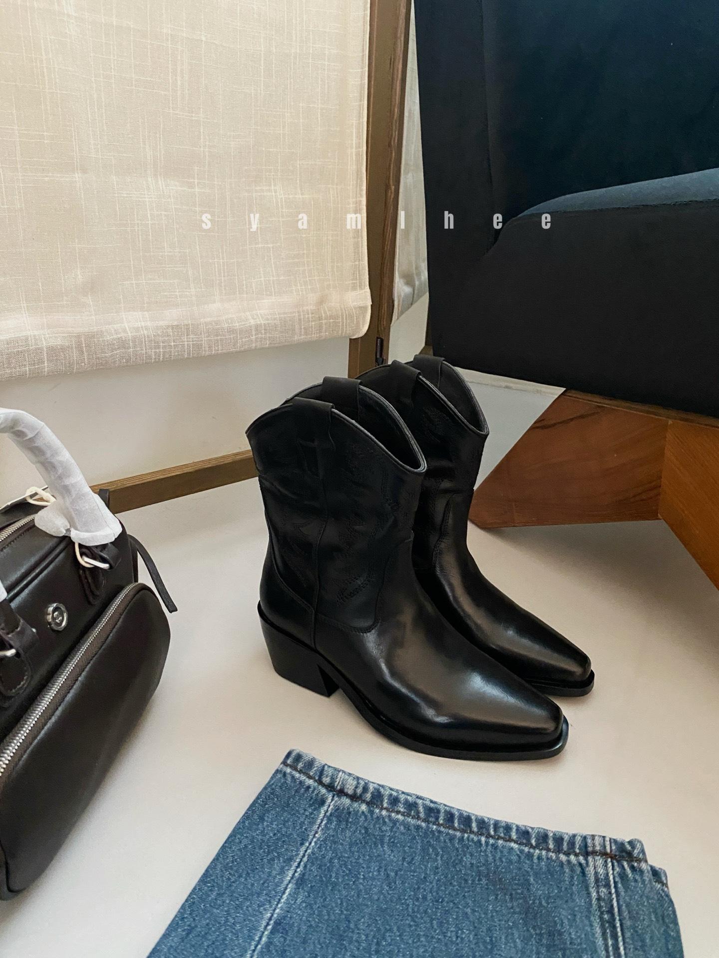 

2025 новые кожаные из первого слоя коровьей кожи ретро западные ковбойские сапоги женские на толстом каблуке средней длины голенища британские ботинки Мартин 39 чёрный