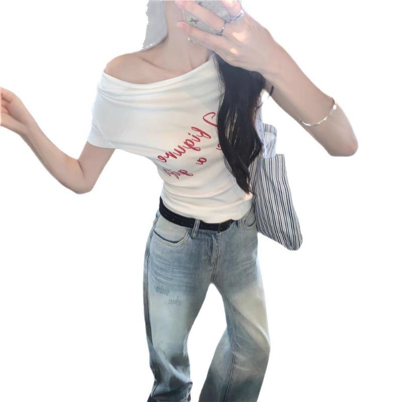 Ein-Wort-Kragen Kurzarm Slim-Fit Hemd Damen Sommer Alphabetdruck Dünn Vielseitig Kurz Schulterfrei Oberteil