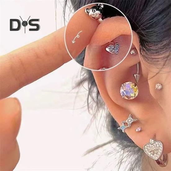 1 PC Boucles d'oreilles à clous Ours de dessin animé et forme de cœur Zircone cubique brillante Boucles d'oreilles pour cartilage pour les soirées en club Anneau de nez sans pas de vis
