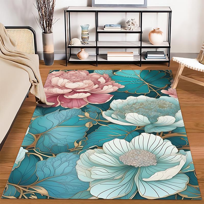 Blumenmuster Blauer-Rosa Teppich Rutschfester Teppich geeignet für Wohnzimmer- und Schlafzimmer-Sofas