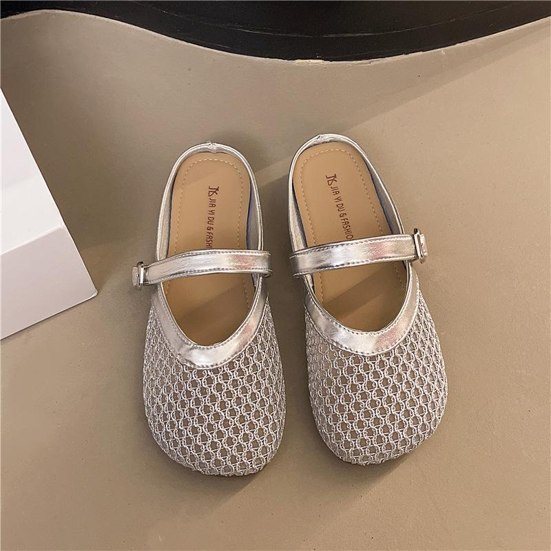 Mesh Bag Head Dragging Hole Shoes Mary Jane Half Slippers Women's Outer Wear Hollow Woven Fishing Net Shoes Non-slip Flat Sandals