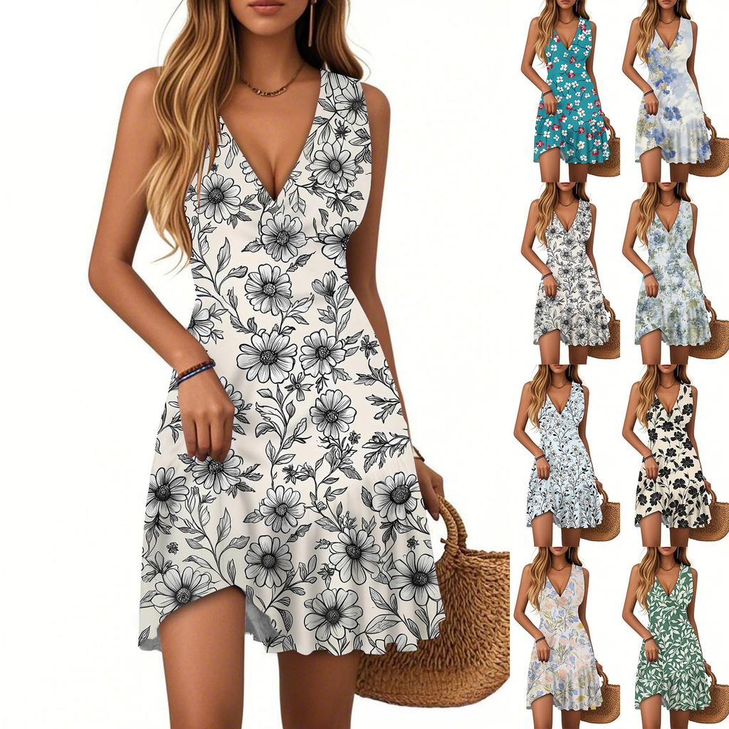 Women's Dress V-neck Sleeveless Casual Floral Print Hem Pleated Dress