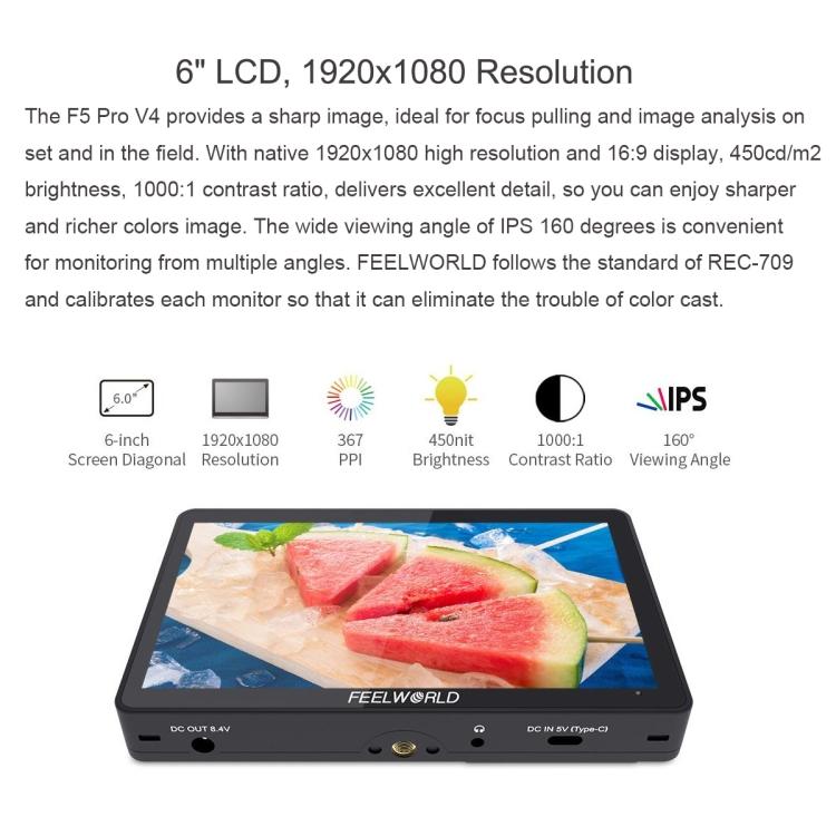FEELWORLD F5 Pro V4 6 Inch Touch Screen DSLR Camera Field Monitor 3D LUT 4K HDMI Input Output Tilt Arm