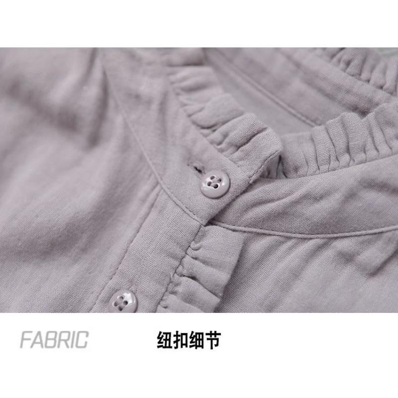Women Stand Collar Button Front Long Sleeve Linen Shirt Loose Breathable Casual Blouse