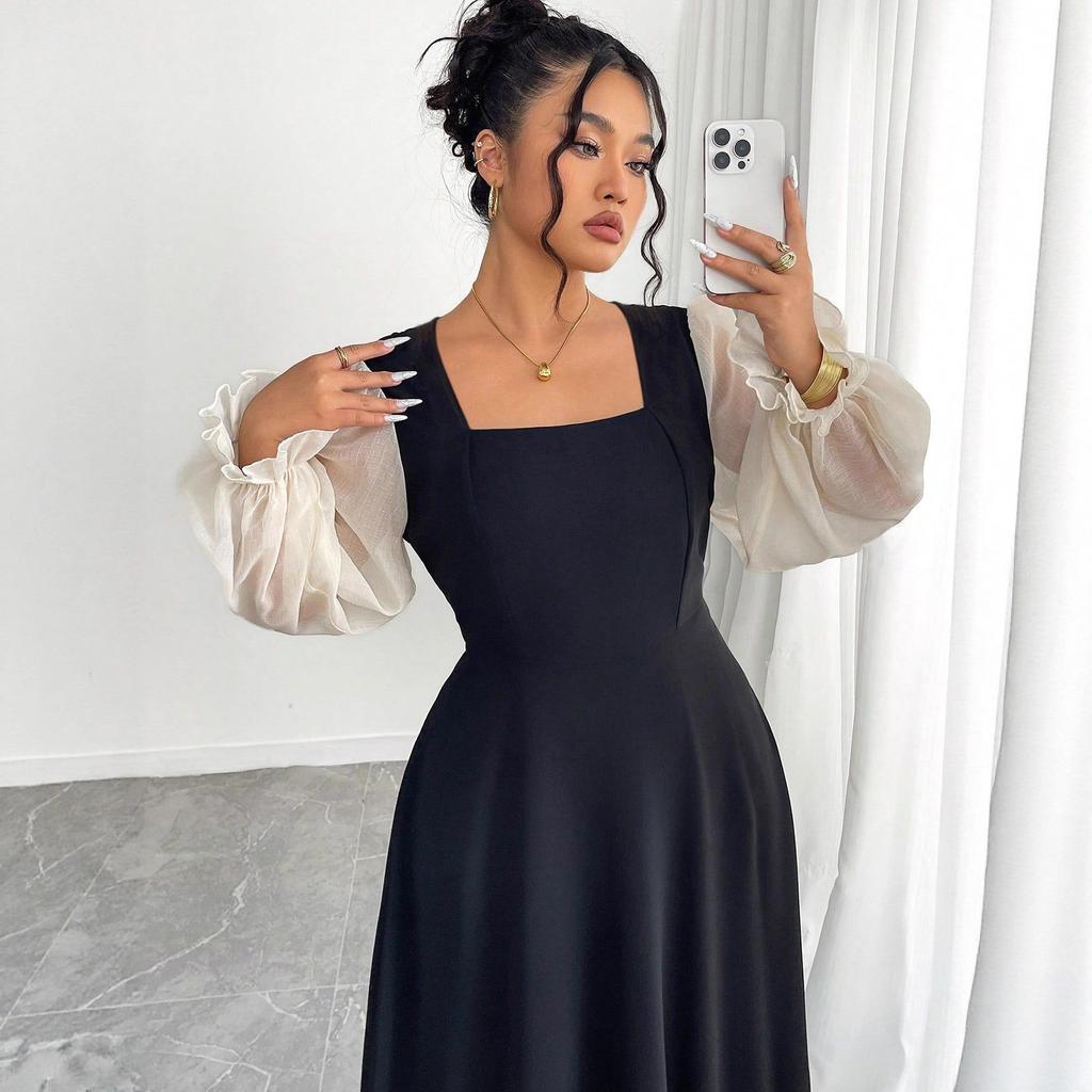 New Stylish Square-neck Puffed Sleeve Mesh Patchwork Dress for Women
