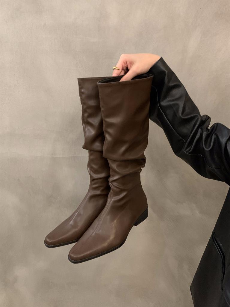 Thick heel pleated long tube knight boots women's shoes 2025 new spring and autumn western thin medium tube long boots