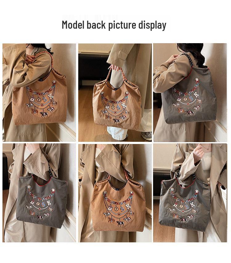 2026 Spring Japanese Style Eco-friendly Nylon Embroidered Tote - Large Capacity Casual Single Shoulder Bag for Women
