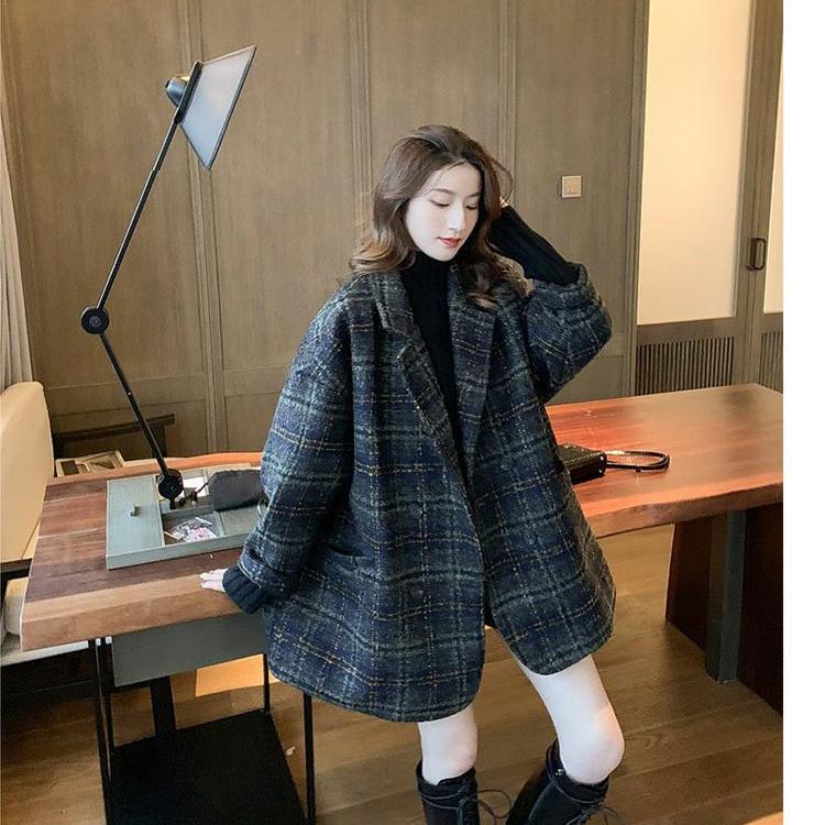 Herbst warm verdicken Damen Vintage Woll karierten Mantel für den Winter