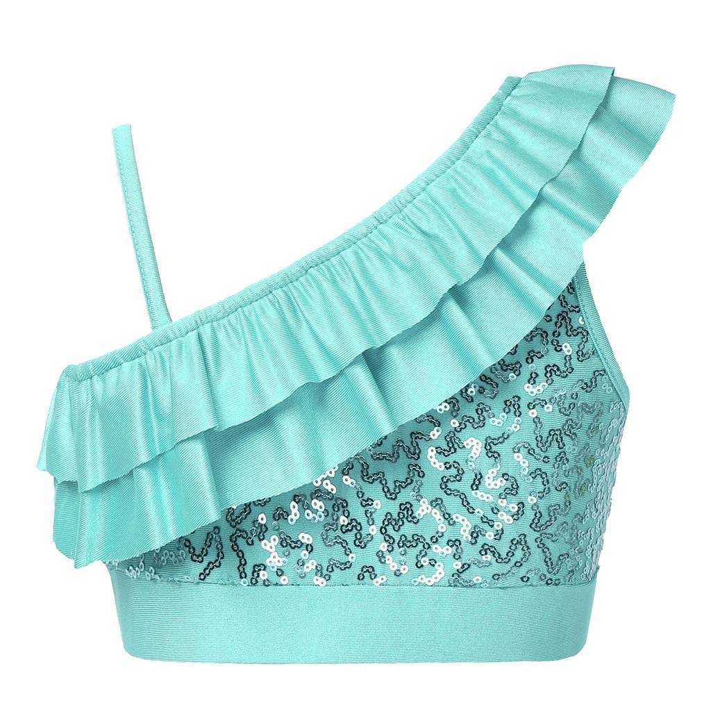 Girls Sequin Ruffle Detail Asymmetrical Straps Sleeveless Top Elastic Band Performance Crop Top