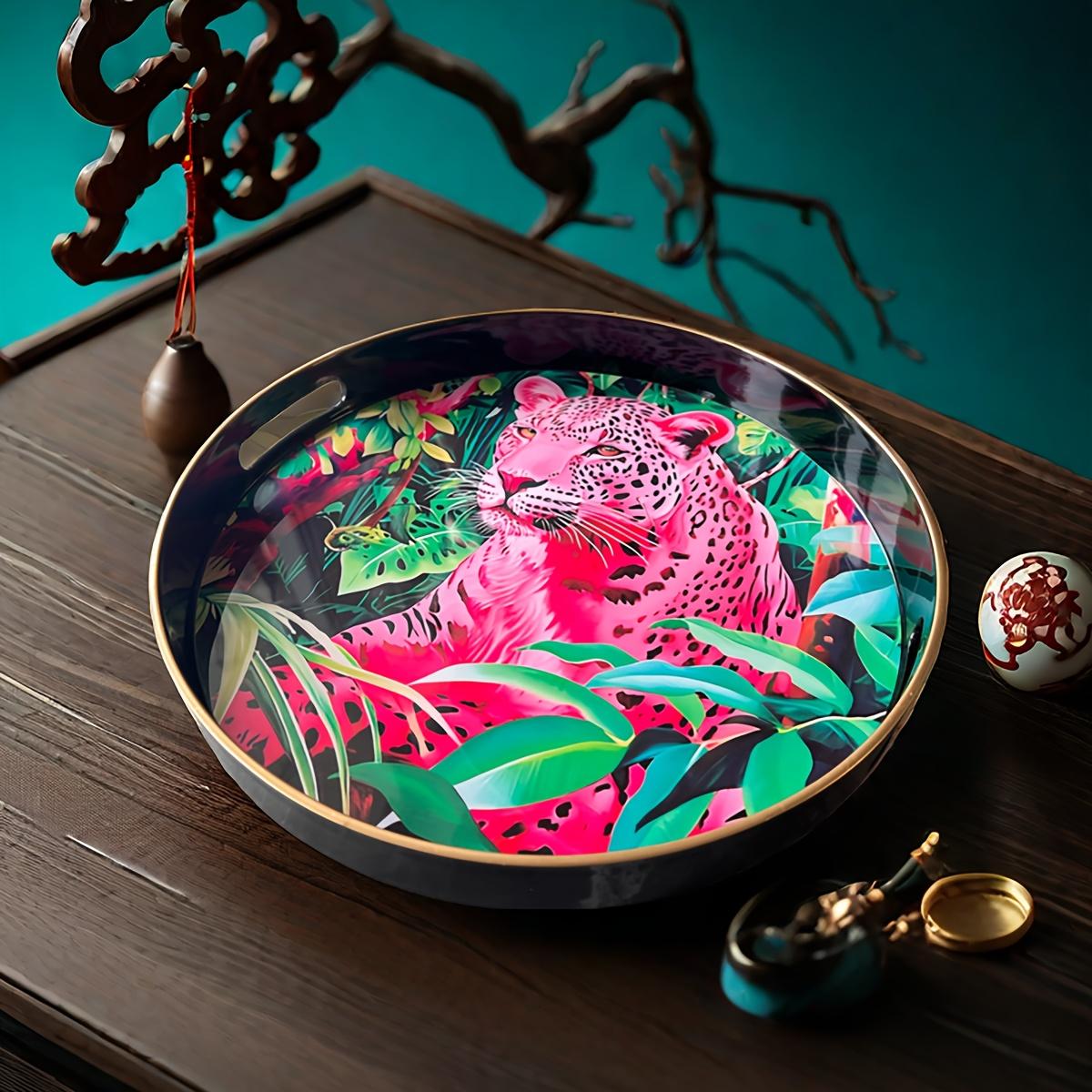 

Круглый поднос Розовый Джунгли Леопардовый Поднос Для Хранения Ванной Комнаты Поднос Для Чайной Воды Поднос Для Кофе Чайный Столик Декор Для Входа Круглый Орнамент