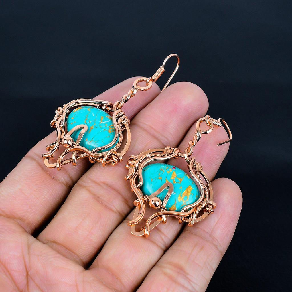 Arizona Turquoise 999 Copper Wire Wrapped Earrings, Handmade Gemstone Jewelry Earrings For Memorial Day